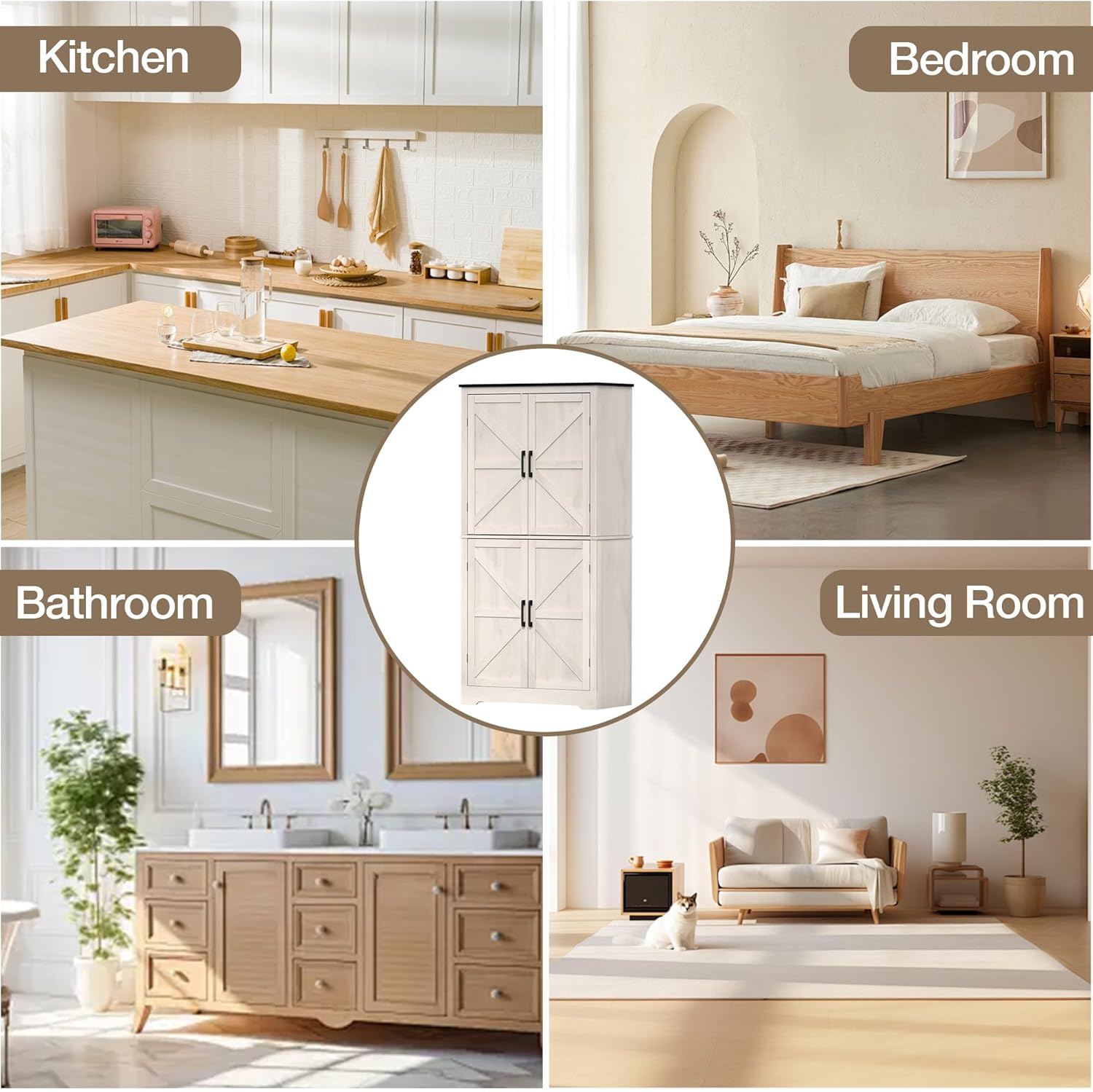 63'' Farmhouse Kitchen Pantry Cabinet, Grey Food Storage Cabinet with 4 Doors and Shelves, Freestanding Pantry Cupboard for Kitchen, Dining Room, Living Room