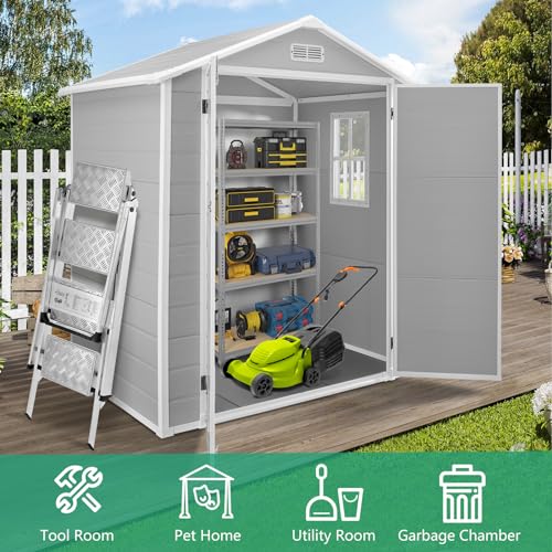 6x4.4FT Outdoor Resin Shed with Reinforced Floor, All-Weather Plastic Shed with Lockable Door, Window & Vents, Garden Tool Sheds & Outdoor Storage Clearance for Garden Patio Lawn (Gray)