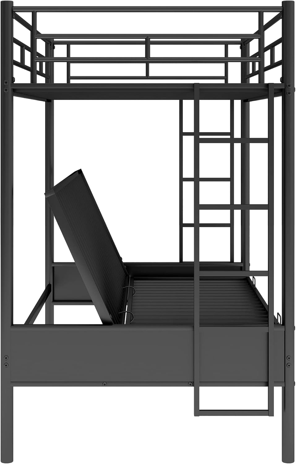 Twin Over Futon/Full Bunk Bed, Convertible Couch and Bed, Heavy Duty Metal Frame with 2 Side Ladders and Guardrail for Kids/Teens/Adults, Black