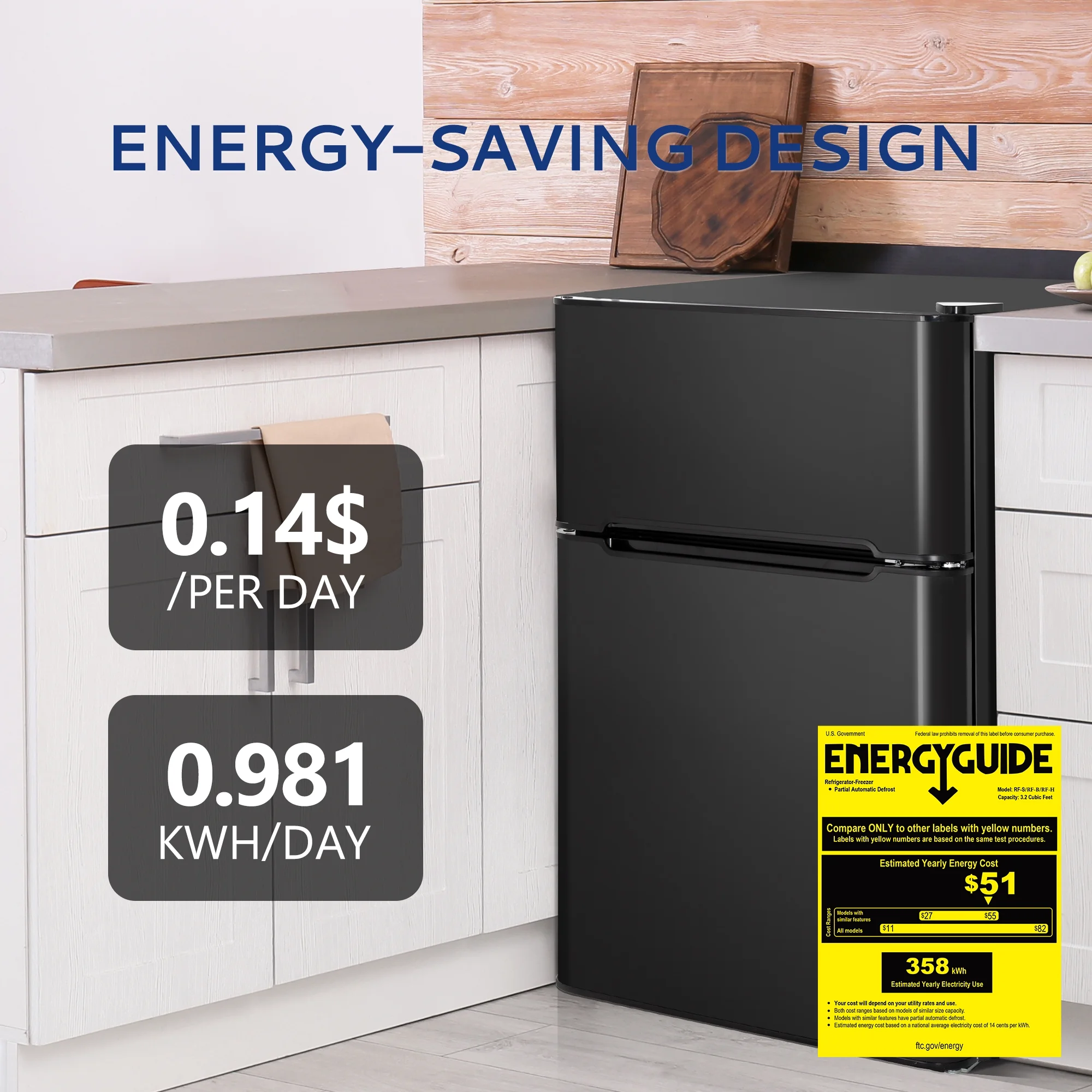 Simzlife 3.2 Cu ft Two Door Mini Refrigerator with Freezer, Compact Small Fridge Adjustable Removable Shelves, Black