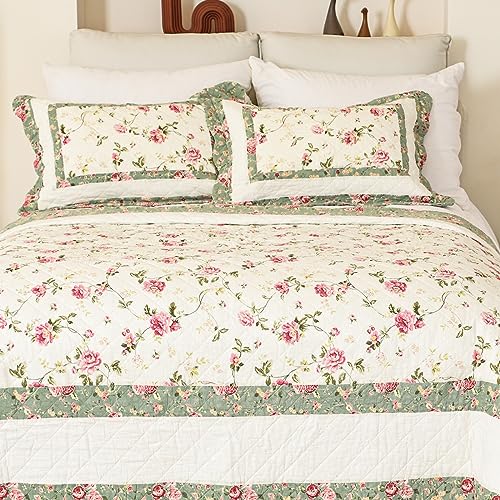 Brandream Pink Rose Floral Patchwork Quilts Cotton Queen Size Quilted Comforter Set Rustic Country Coverlet Bedspread Set 3-Piece