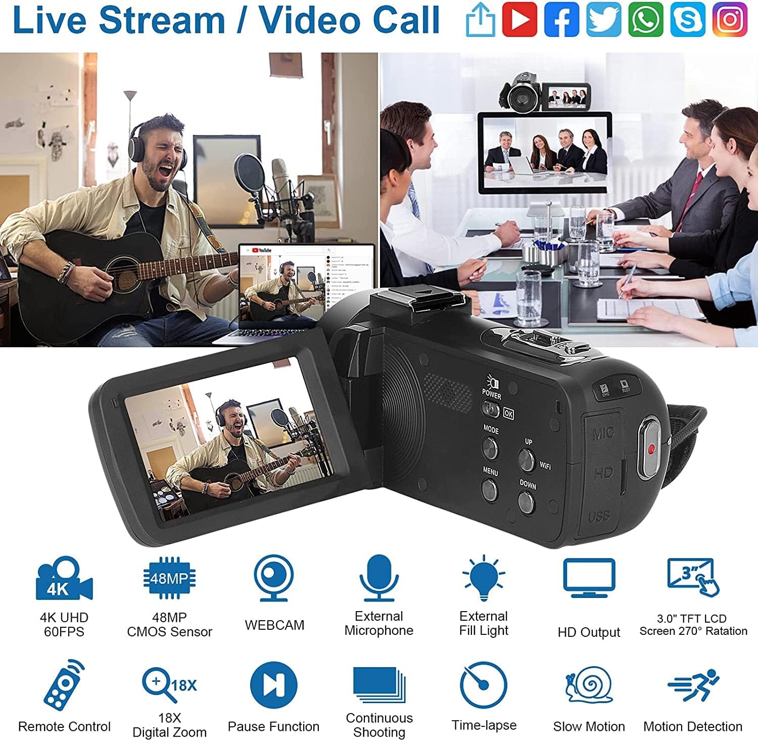 Video Camera 4K Camcorder, 48MP 60FPS WiFi Vlogging Camera 3.0 Inch Touch Screen 18X Zoom Digital Camera YouTube Camera with Microphone, 2.4G Remote Control, Lens Hood, 2 Batteries, 32GB SD Card