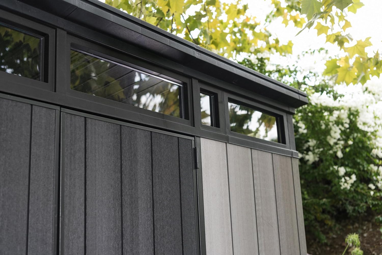 Keter Artisan 11x7 Modern Resin Outdoor Storage Shed Kit-Perfect to Store Patio Furniture, Garden Tools Bike Accessories, Beach Chairs and Lawn Mower, Grey & Black
