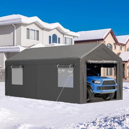 Outdoor Carport 10x20 ft, Car Canopy Portable Garage with Roll-up Ventilated Windows and All-Season Tarp Cover, Heavy Duty Car Port with Removable Sidewalls for Car, SUV, Boats (Grey)