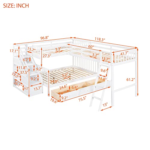 Twin over Full Triple Bunk Bed with Drawers and Stairway, L-Shaped Bunk Bed and Loft Bed Combo with Storage Compartment for 3, Ideal for Extended Family or Dorm (Espresso)