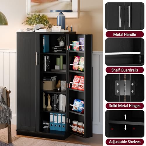 SUNLEI 47" Kitchen Pantry Cabinet, White Food Storage Cabinets with Door and Adjutable Shelves, Freestanding Wooden Dresser for Kitchen, Dining Room, Living Room and Bedroom