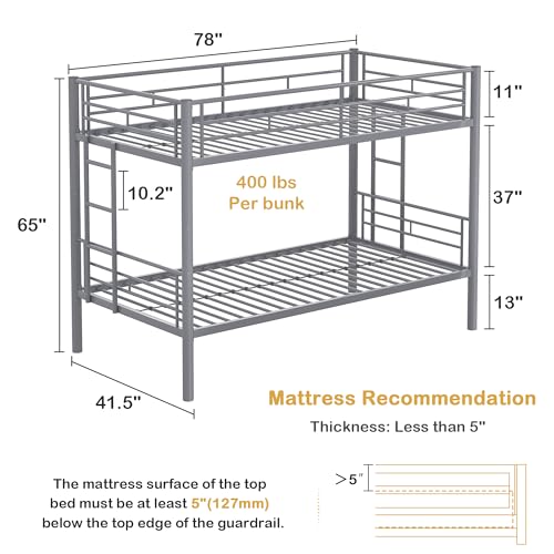 VECELO Metal Loft Bed Twin Size, Heavy Duty Bedframe with Removable Ladder and Safety Guardrail, Space-Saving, Noise Free, No Box Spring Needed, Off White
