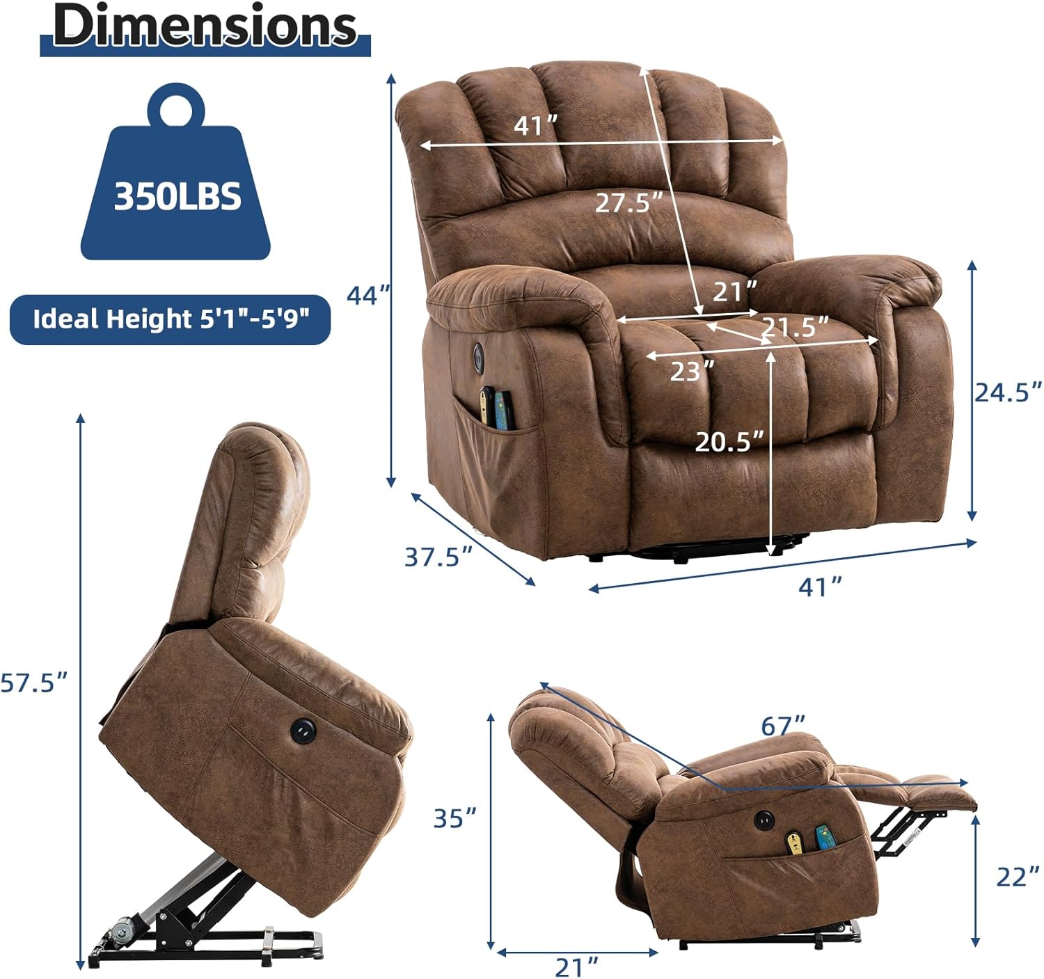 Large Electric Power Lift Recliner Chair for Elderly Big People, Heated Massage Motorized Reclining Sofa, Wide Recliners with 2 Remote Controls, Side Pockets & USB Ports, Brown