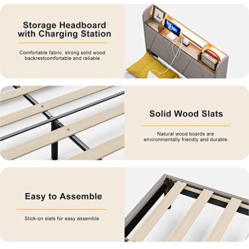 IKIFLY King Bed Frame with Charging Station & Storage Shelf Headboard - 2 Outlets and 2 USB Ports（1 Type C）- Upholstered LED Bed Frame with Solid Wood Slats, No Box Spring Needed - Light Brown