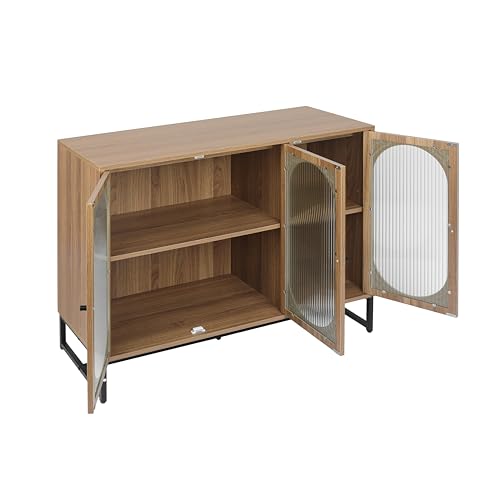 Henf Sideboard Buffet Cabinet with 3 Fluted Glass Doors, Modern Wood Kitchen Storage Cabinet Sideboard w/Height-Adjustable Shelf, Accent Console Table for Kitchen Dining Living Room Hallway Office