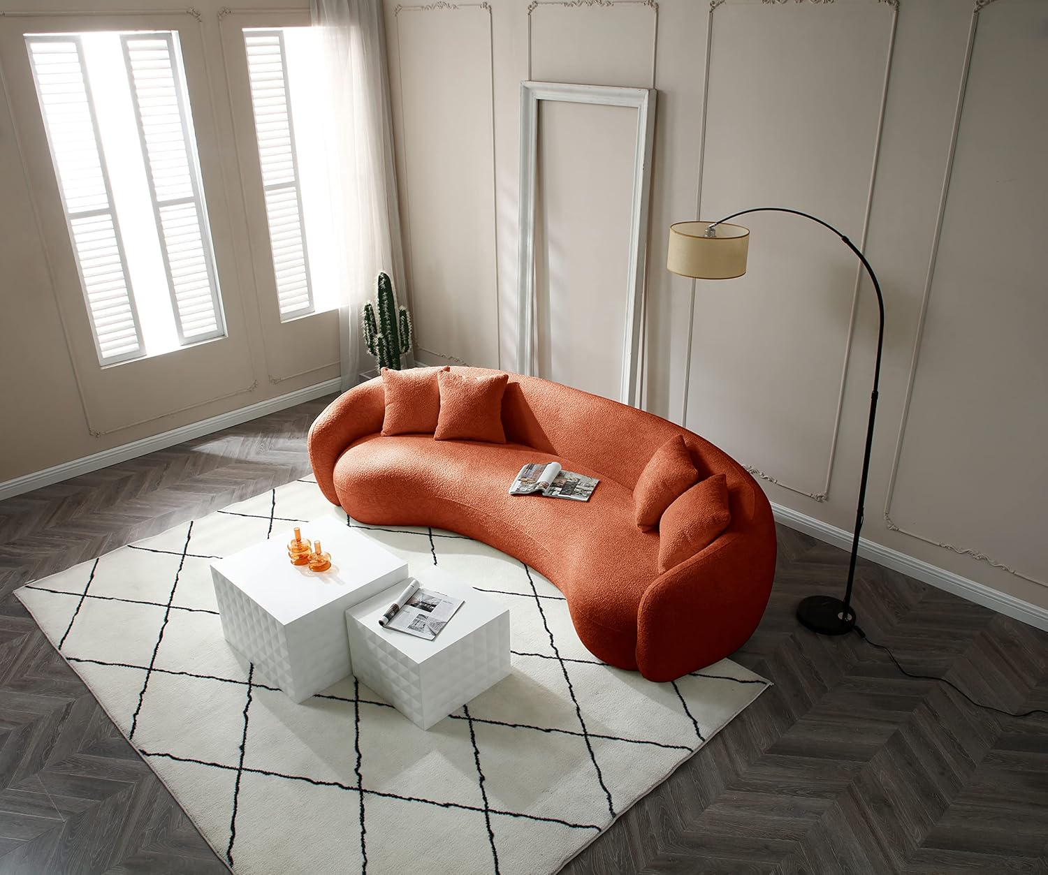 102'' 5 Seater Boucle Sofa Modern Sectional Half Moon Leisure Couch Curved Sofa Teddy Fleece Orange
