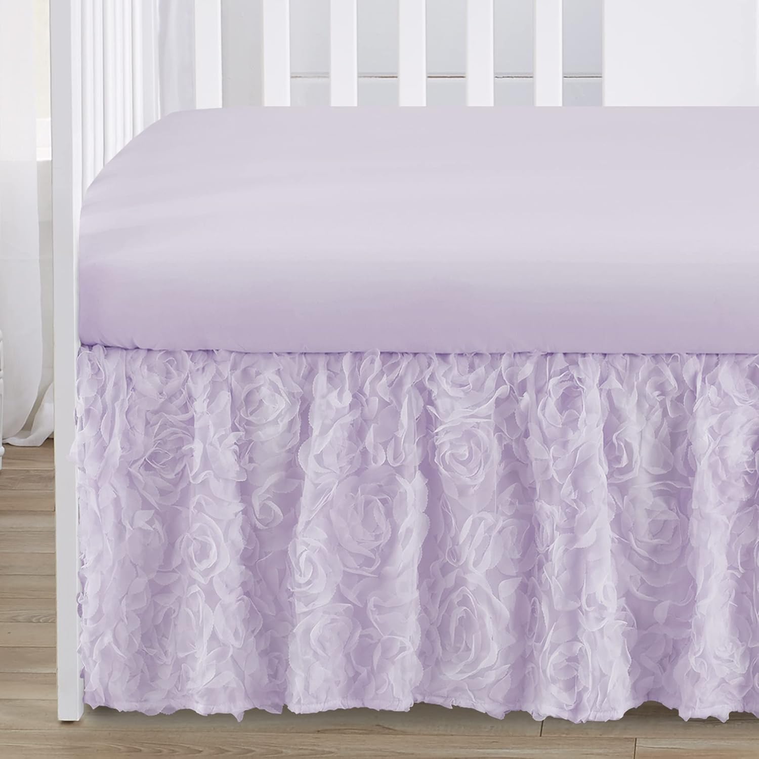 Sweet Jojo Designs Purple Floral Rose Baby Girl Nursery Crib Bedding Set - 4 pieces - Solid Light Lavender Flower Luxurious Elegant Princess Vintage Boho Shabby Chic Luxury Glam High End Ruffle Roses