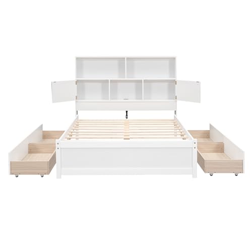 Bellemave Captain beds with Storage, Full Size Storage Bed with 4 Drawers and Storage headboard, Full Size Bed with Bookcase and USB, Full Bed for Kids, Boys, Girls, Teens Adults, White