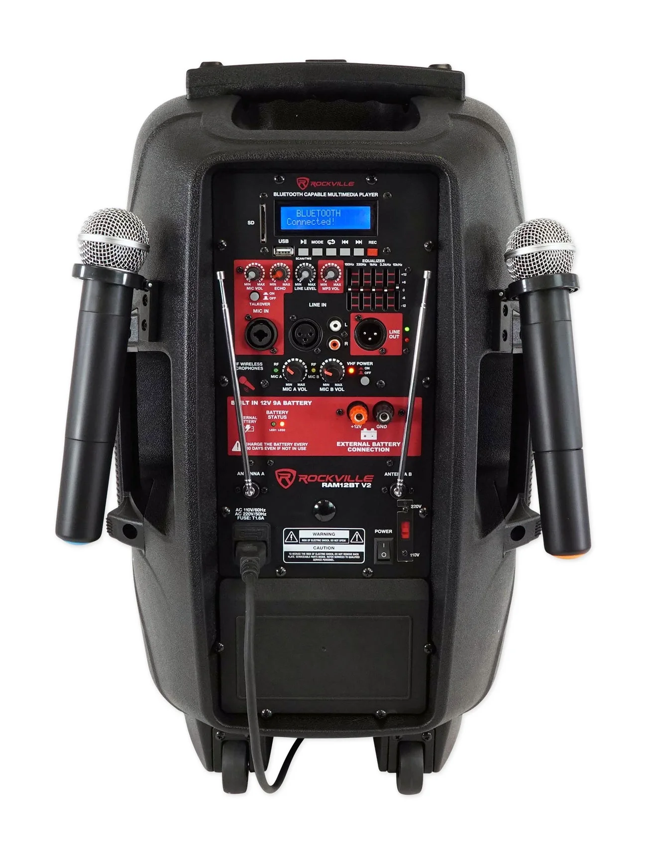 Rockville RAM12BT 12" Rechargeable Powered 600W DJ PA Speaker, 2 Mics, Bluetooth