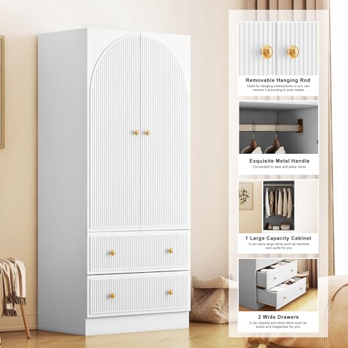 QHITTY Freestanding Bedroom Armoire Wardrobe with 2 Drawers, Bedroom Chest Clothes Storage with Clothing Rod and 2 Storage Doors for Bedroom, Living Room White