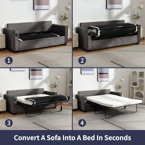 2-in-1 Pull Out Sofa Bed, Convertible Loveseat Sleeper Couch, Pull Out Couch w/Memory Foam Mattress & Metal Bed Frame, Sleeper Sofa Bed w/Cup Holders & USB for Living Room-Queen,Beige