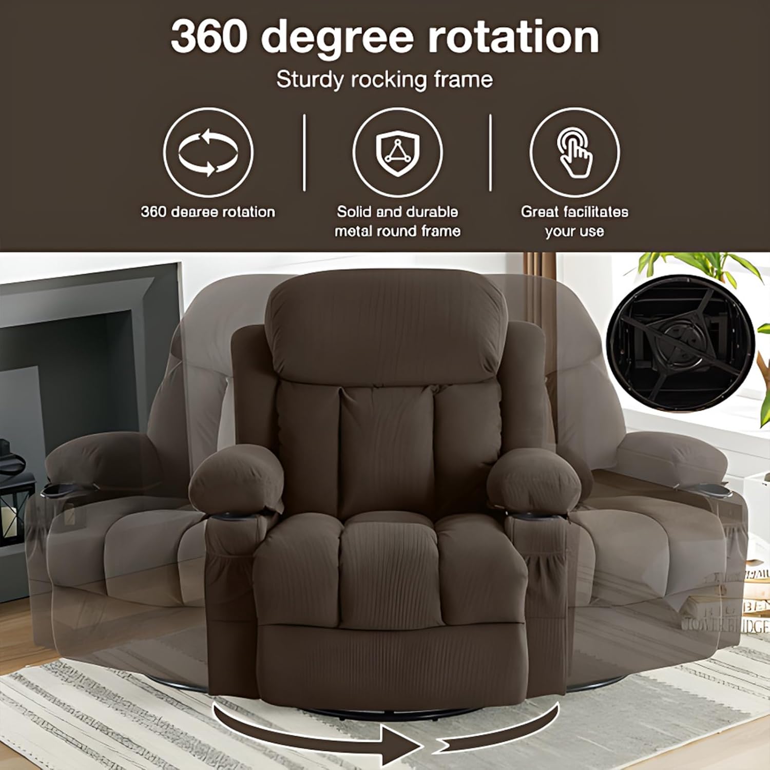 Swinging Recliner Massage Heated Sofa, Massage Recliner Chair with Adjustable Backest and USB Port, 360 Swivel Lazy Electric Recliner Chair for Living Room (Brown)