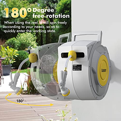 BLUBERY 5/8" x 100+6.7ft Retractable Garden Hose Reel, 39.3LB Super Heavy Duty, Any Length Lock, Slow Return System, Wide Handle, Wall Mounted and 180° Swivel Bracket, GHR01A
