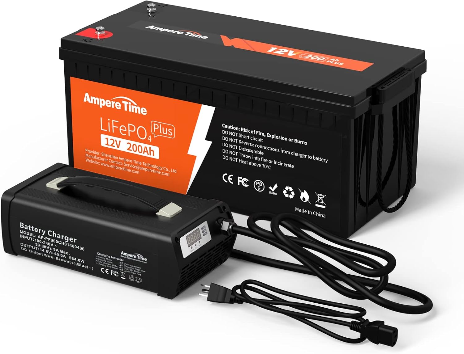 Ampere Time 12V 200Ah LiFePO4 Battery with 14.6V 20A Dedicated Lithium Battery Charger; Built-in 200A BMS, 4000+ Cycles, Perfect for RV, Solar, Marine, Overland, Off-Grid Application��