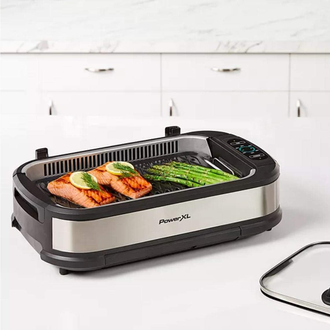 PowerXL Smokeless Grill Family Size- with Tempered Glass Lid with Interchangeable Grill and Griddle Plate and Turbo Speed Smoke Extractor Technology 22.1” X13.2” X 6.1