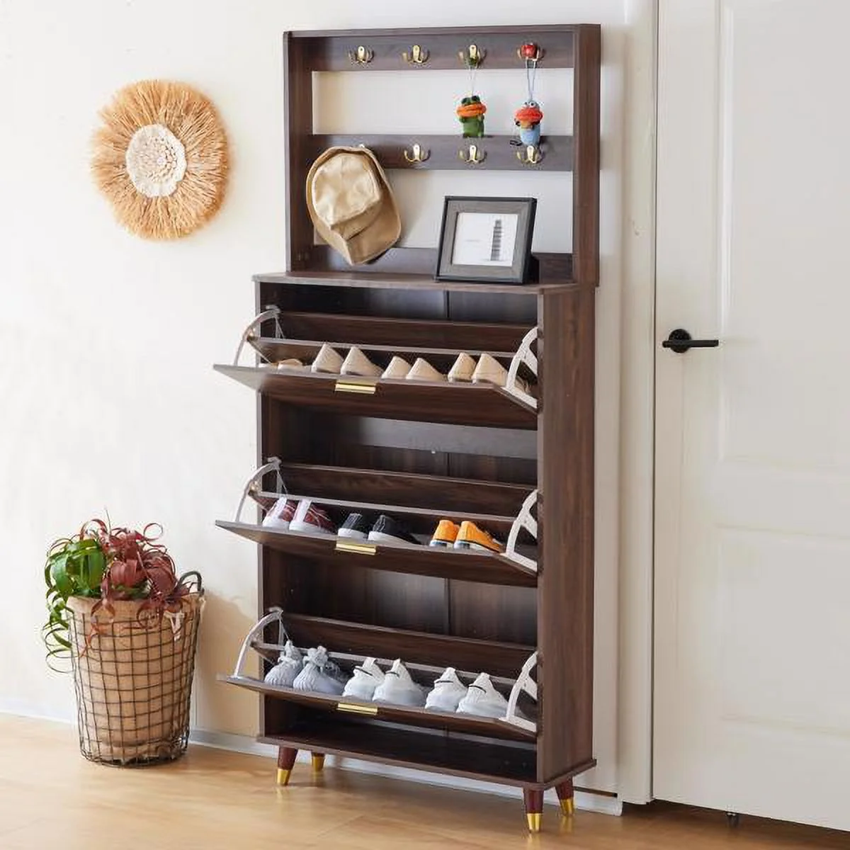 SYTHERS Hall Tree, Entryway Armoire Closet Coat Rack Freestanding with 12 Hooks & 3 Shoe Cabinets, Brown