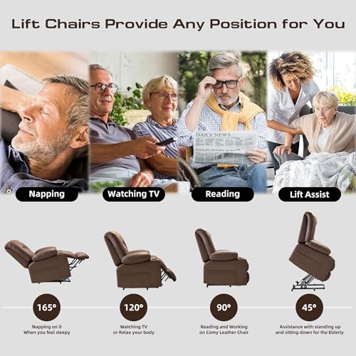 Large Power Lift Chairs Recliners for Elderly with Heated and Massage, Overstuffed Adjustable Lift Chairs, 3 Positions, Breathable Leather, USB-A and USB-C, Cup Holder, Side Pocket Dark Brown