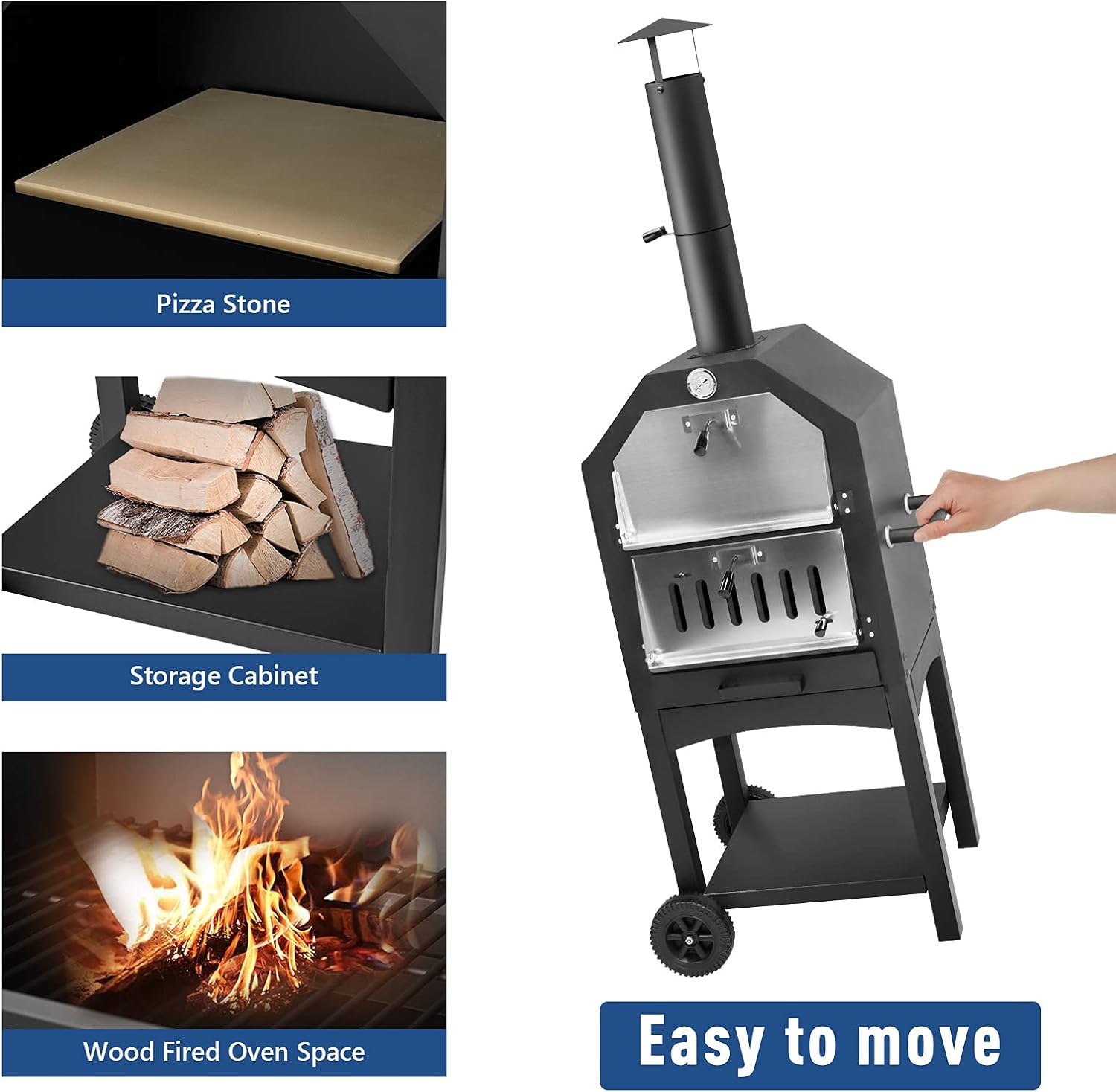 U-MAX Outdoor Pizza Oven Wood Fire with Waterproof Cover, Freestanding, Steel Pizza Grill, Pizza Maker Camping Cooker with Pizza Stone
