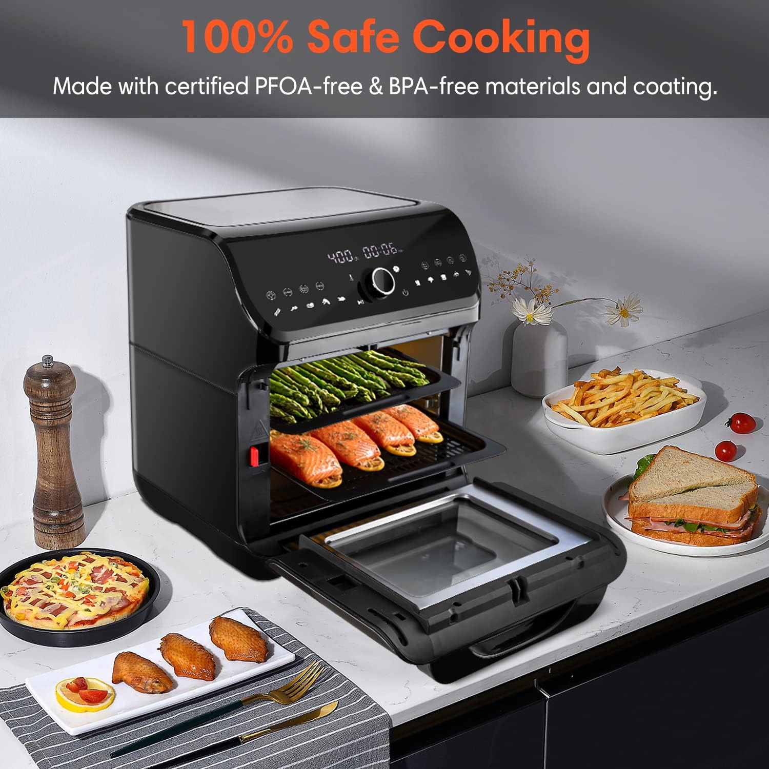 Air Fryer Toaster Oven, 10.6 QT Toaster Oven Air Fryer Combo with Dehydrator & Rotisserie, 10-in-1 XL Large Family Size Air Fryer with LED Touch Screen, 7 ​Accessories, Black
