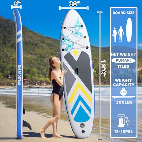 PUKAMI Inflatable Paddle Board for Adults,10.6' Stand Up Paddle Board with Premium SUP Accessories & Carry Bag,Paddle,Pump,Leash,Wide Stable Design,Non-Slip Deck,Surf Control for Youth