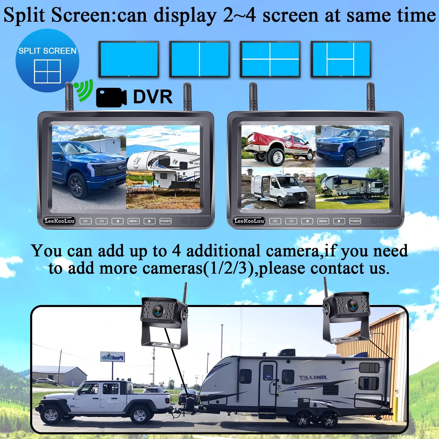 Wireless Backup Camera RV HD 1080P 7 Inch Monitor Recorder DVR Split Screen Four Channels Waterproof Night Vision Rear View System LeeKooLuu LK5