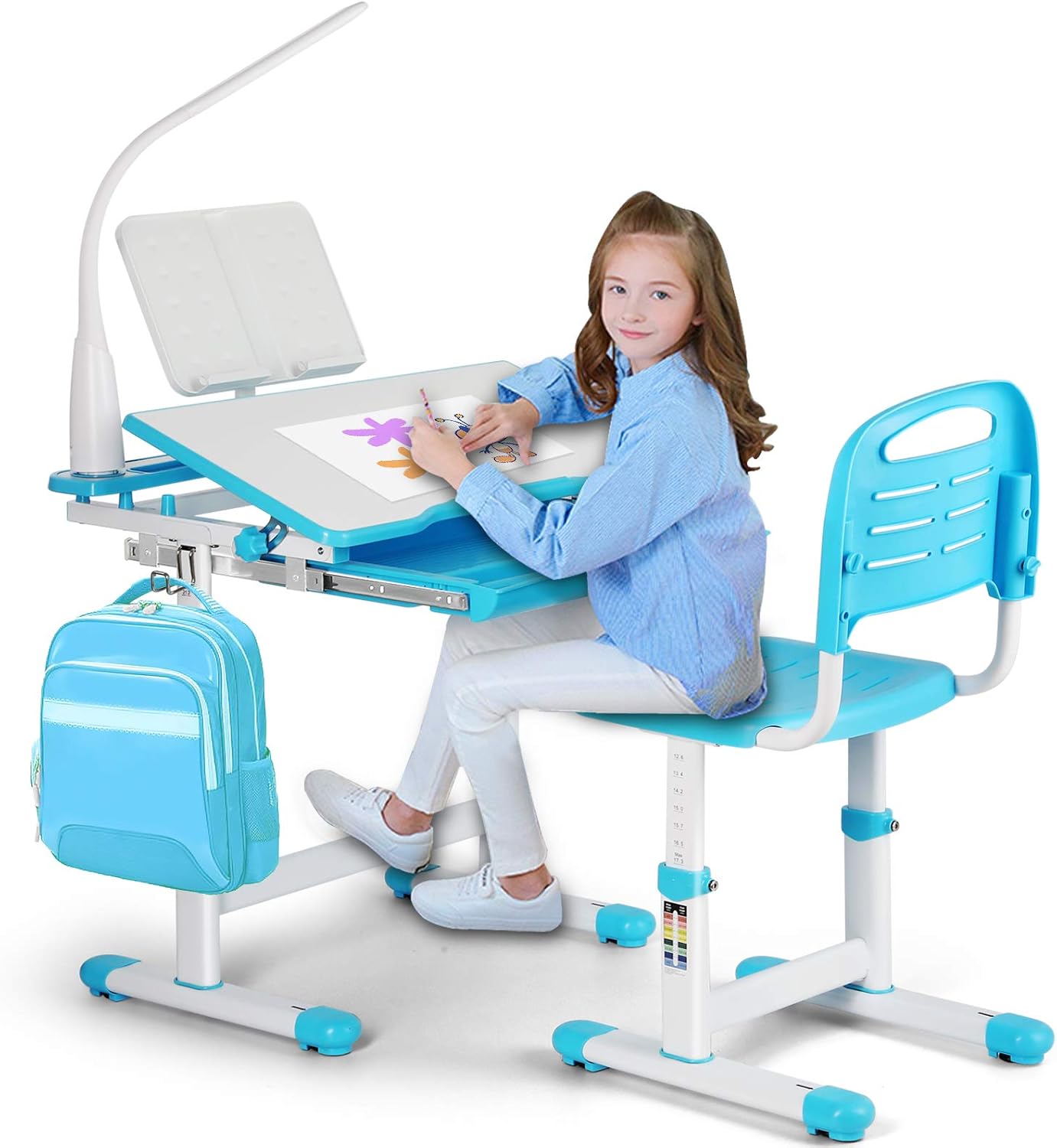 Artist hand Kids Study Desk and Chair Set,Adjustable Girls School Writing Study Table,with Large Writing Board LED Lamp Pull Out Drawer Pencil Case Bookstand,Pink