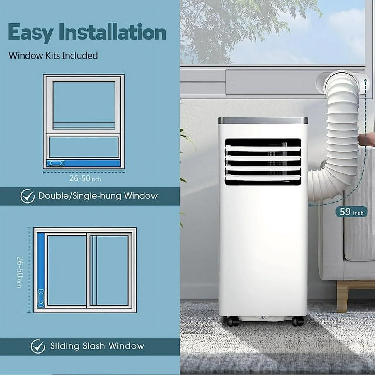 KISSAIR 5,000 BTU (8,000 BTU ASHARE) Portable Air Conditioner,3-in-1 Portable AC Unit for Room Up to 350 Sq.Ft, 2 Fan Speeds/Remote Control/24Hrs Timer/Installation Kit for Home/Office-White&Silve