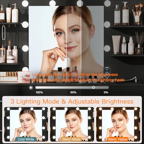 Quimoo Large Vanity Desk with LED Lighted Mirror & Power Outlet,Makeup Vanity Table with 7 Drawers,4 Shelves and 5 Hooks,Vanity Table, Vanity Desk Set for Bedroom,Bathroom,White