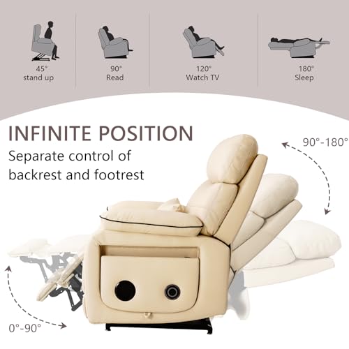 Dual Motor Power Lift Recliner Chair for Adult & Elderly, Infinite Position Lay Flat Lift Chair with Heat & Massage, Cup Holder, Lumbar Pillow, Wireless Charger, USB Ports, Leather (Beige)