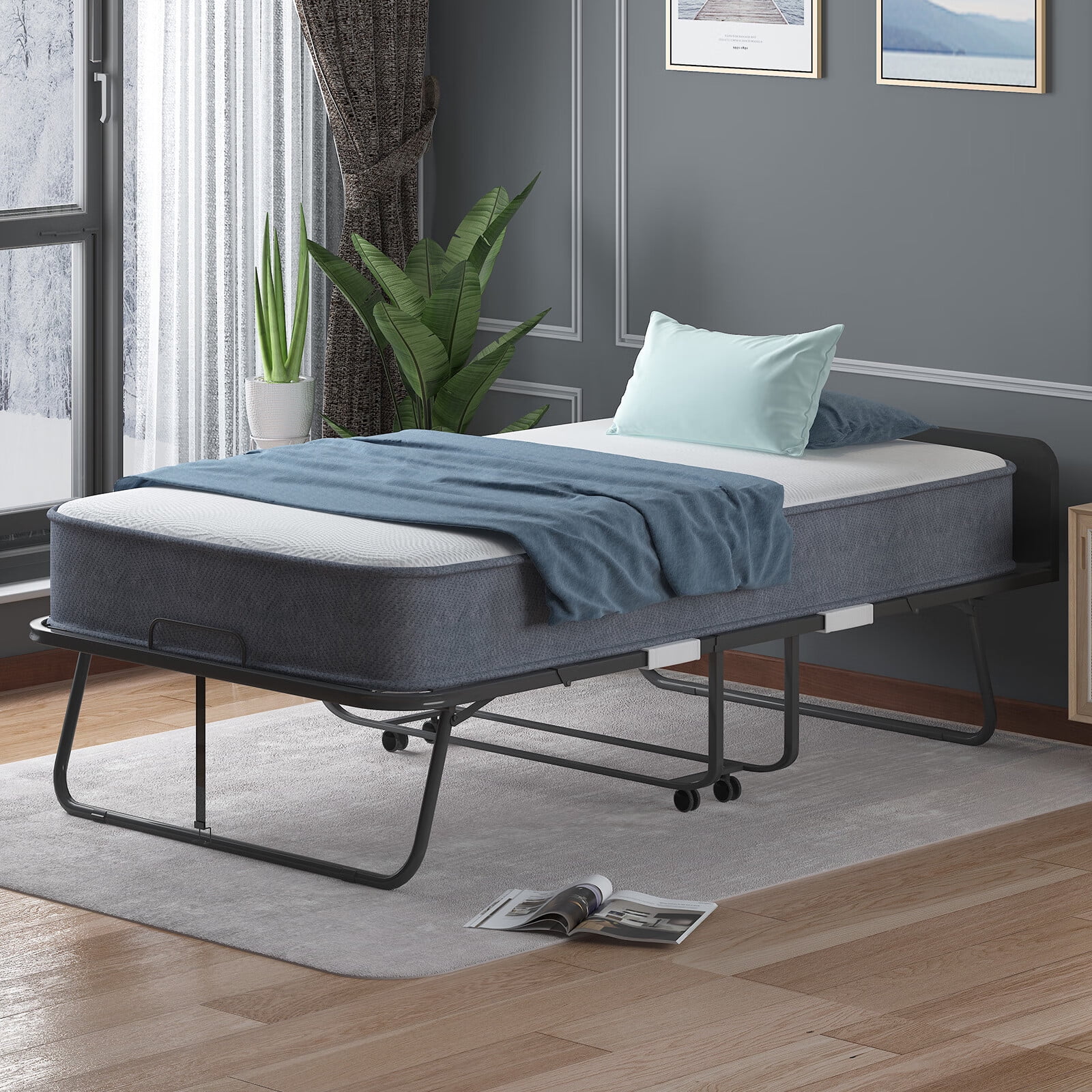 CECER Folding Bed 5" Mattress & Headboard, 75"×31" Twin Size Rollaway Foldable Bed with Memory Foam Mattress, Metal Guest Bed Dust Cover Included