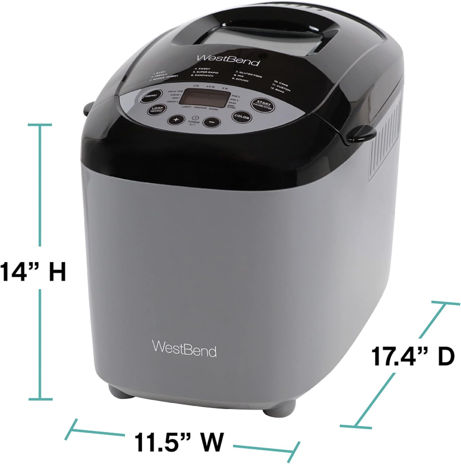 West Bend Hi-Rise Bread Maker Programmable Horizontal Dual Blade with 12 Programs Including Gluten Free, 3-Pound, Gray