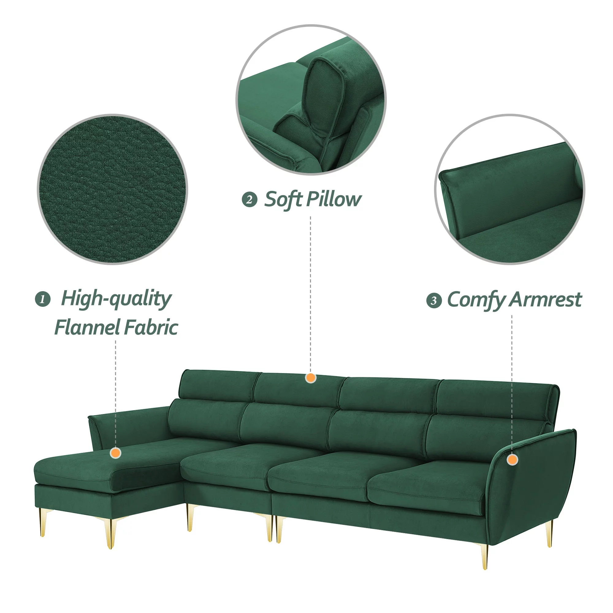 Style 111" Sectional Sofa Flannel L Shape Sofa with Recliner