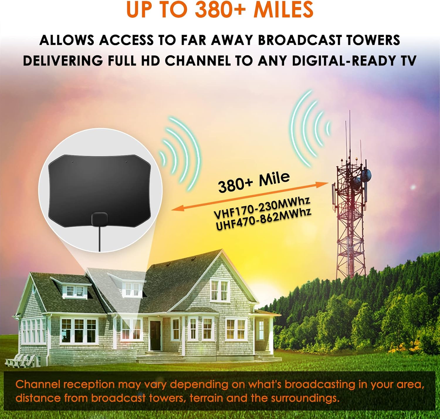 Digital TV Antenna, 380 Miles Indoor Amplifier Signal Booster Long Range HDTV Antenna Support 4K 1080P UHF VHF Free Local Channels with 13.4ft Coax Cable and USB Power Adapter