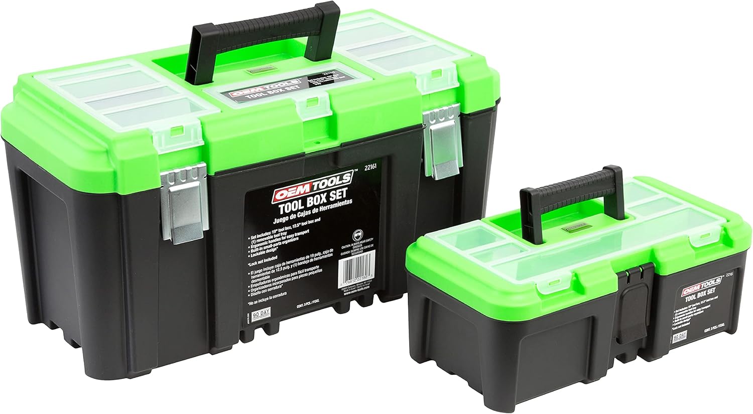 OEMTOOLS 22161 3 Piece Tool Box Set with Removable Tool Tray and Bonus 12.5" Tool Box, Black and Green Intermediate Tool Box Organizational System Pack of 2