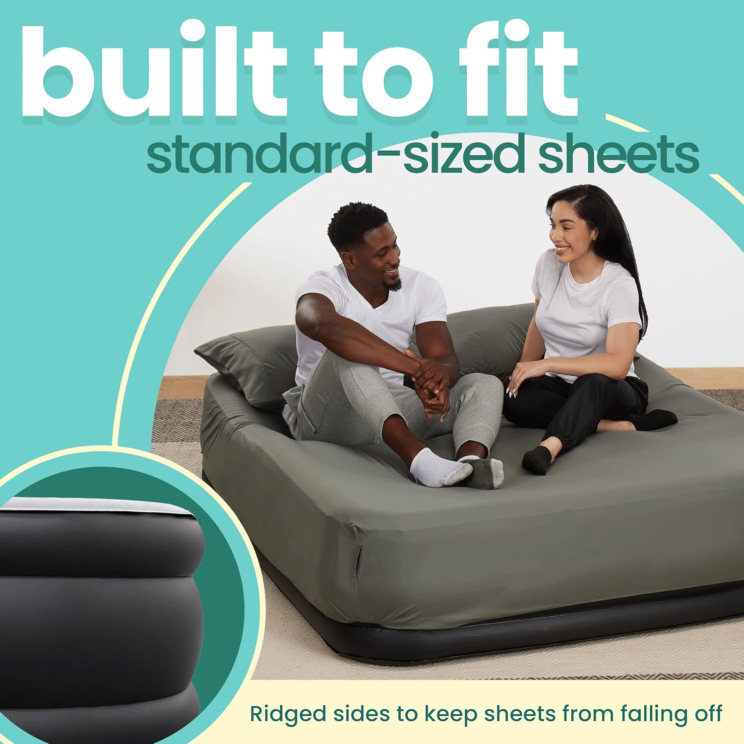EZ Inflate Air Mattress with Built in Pump - Queen Size Double-High Inflatable Mattress with Flocked Top - Easy Inflate, Waterproof, Portable Blow Up Bed for Camping & Travel