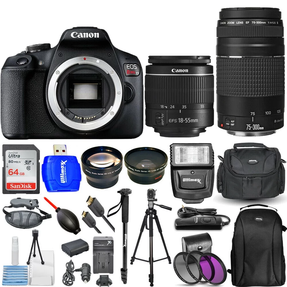 Canon EOS Rebel T7 4 Lenses 18-55mm + 75-300mm + 64GB - Top Value Bundle - Curated Treasures Market