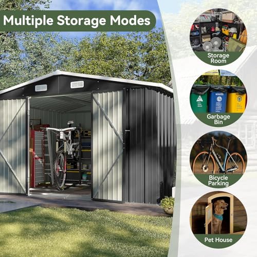 Aoxun 10 x 12FT Outdoor Storage Shed with Double Hinged Large Door Utility Garden Shed with Lockable Door & Sloped Roof Metal Sheds Outdoor Storage for Garden, Backyard, Patio and Backyard, Brown