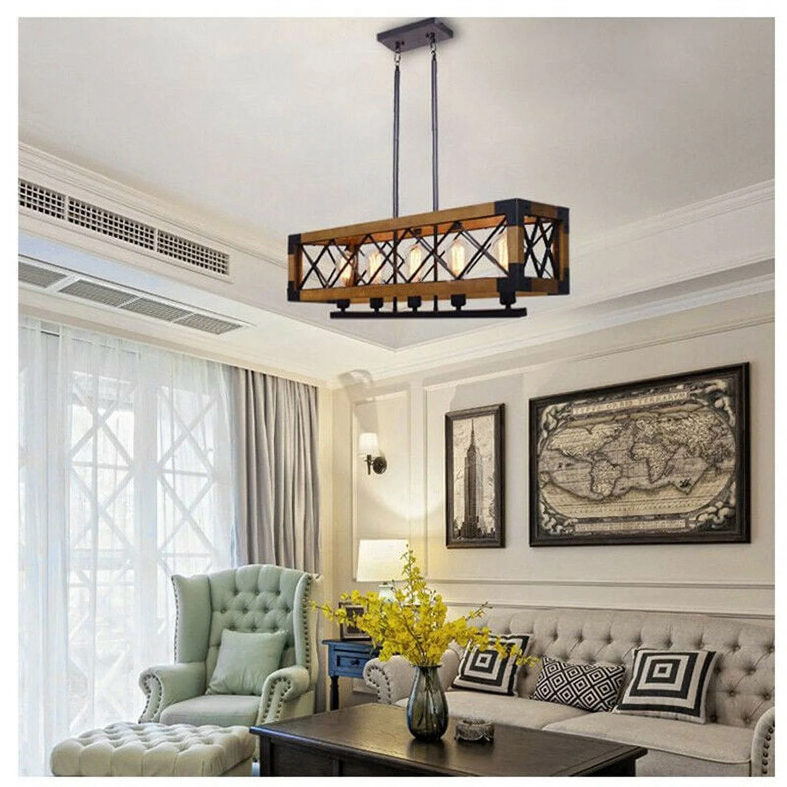 ZhdnBhnos 5-Lights Retro Farmhouse Chandelier Kitchen Island Pendant Light Fixture Wooden Rectangle Hanging Ceiling Lamp