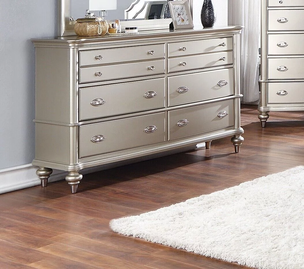 Classic Elegant 4pc Bedroom Set Satin Finished Silver Eastern King Size Bed Dresser Mirror Nightstand Furniture