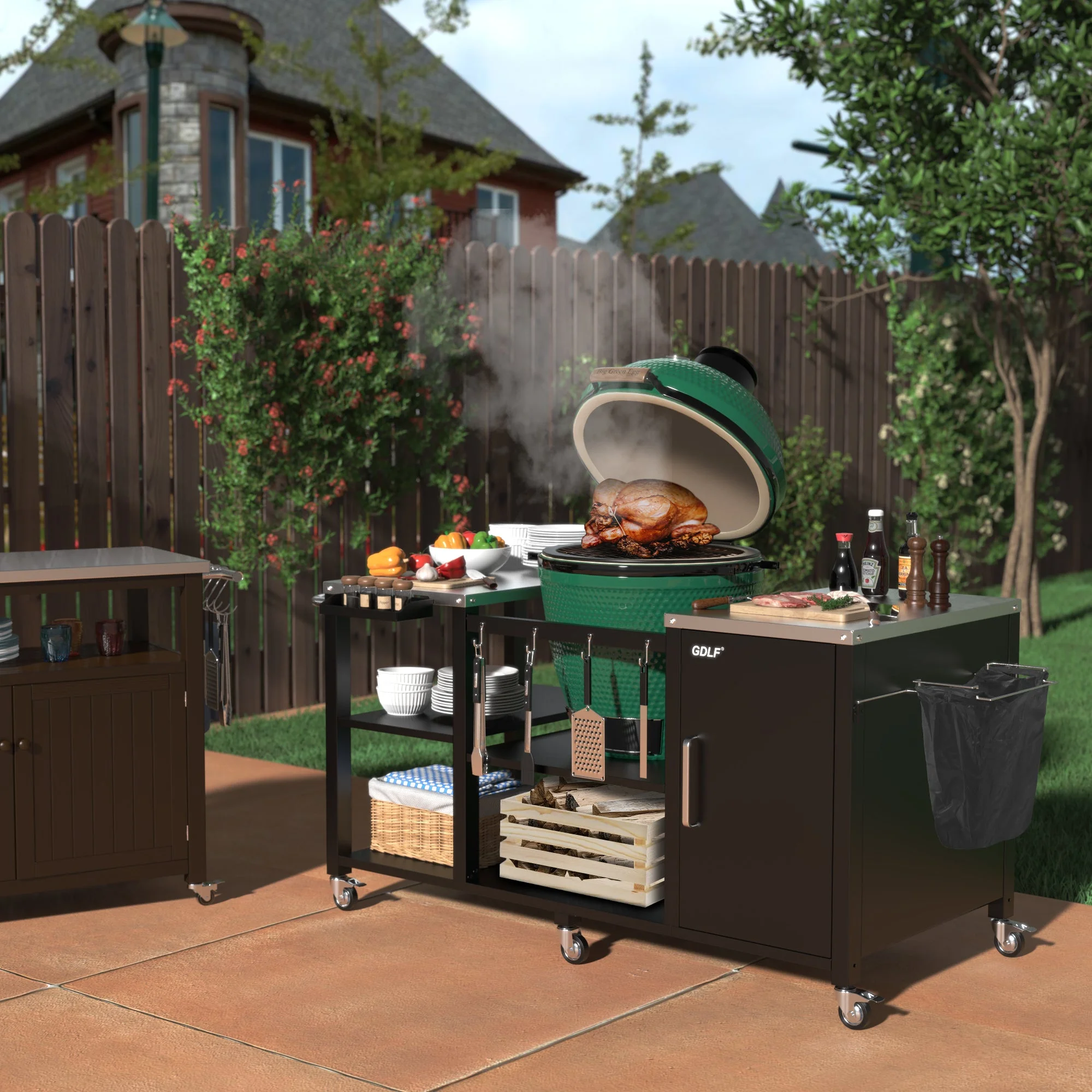 GDLF Table Compatible with Big Green Egg Grill Heavy Duty Metal Green Egg Stand with Accessories Storage