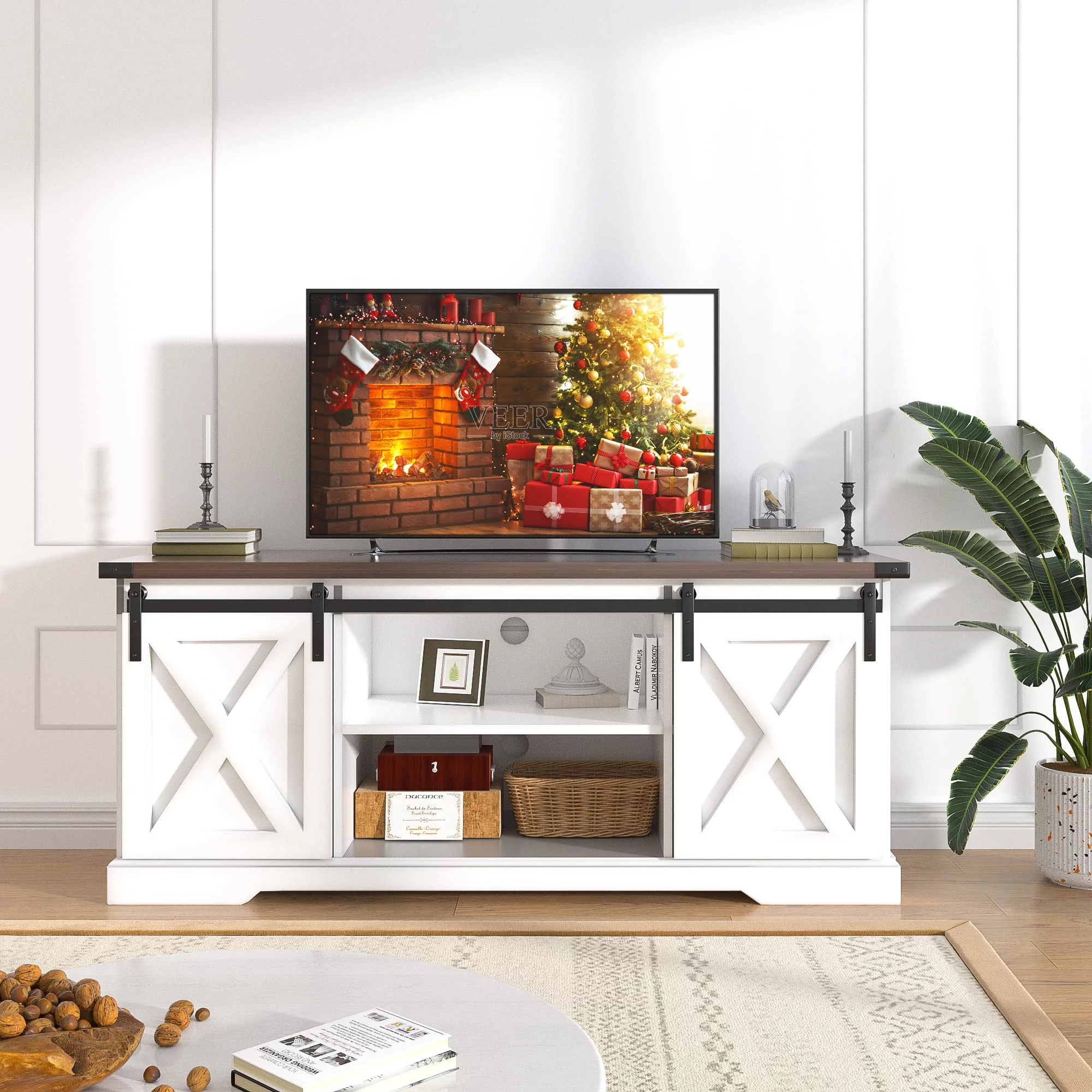 Chvans Farmhouse Barn Door TV Stand for up to 65 TVs /23 Electric Fireplace, Entertainment Center Console Table with Adjustable Shevles(58)