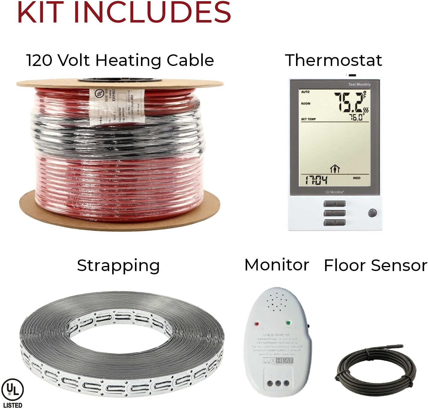 LuxHeat Floor Heating Cable Set, 15 Sqft - 120v Electric Radiant Floor Heating System Under Tile. Set Includes, Floor Heating Cable, Strapping, UDG OJ Microline Programmable Thermostat with GFCI