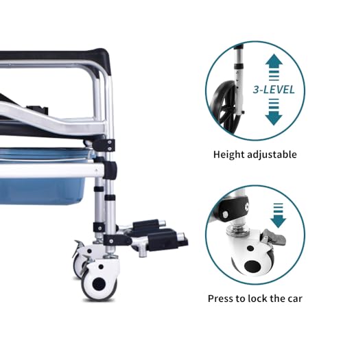 3IN1 Bathroom Wheelchairs, Bedside Commode Chair with Wheel + Raised Toilet Seat Raiser for Seniors+ Bath Shower Chair with Handles, Portable Folding Toilet Lift Bar for Elderly