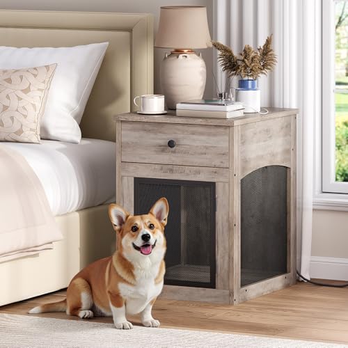 HOOBRO Dog Crate Furniture, Dog Kennel with Drawer and Charging Station, Indoor Decorative Puppy House, Wooden Pet Crate End Table for Small Dogs, Rustic Brown and Black BF58UGW03G1