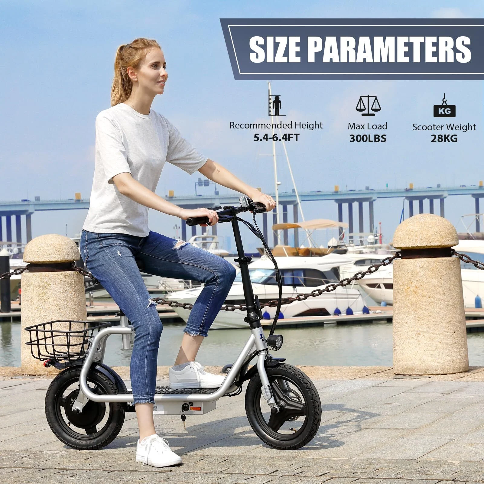 Caroma 800W(Peak) Adults Electric Scooter with Removable Seat, Max Speed 20mph Up to 25 Miles Range, 14" Tire for Commuting Scooter with Basket, Folding Electric Scooter, Silver